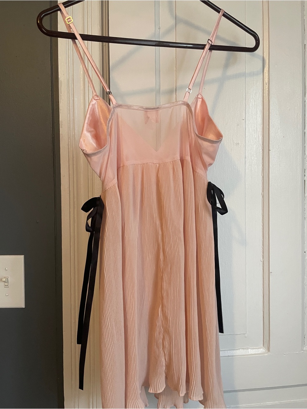 Flora Blush Pink Satin & Pleated Chemise with Black Ribbon Detail - Picture 5 of 5
